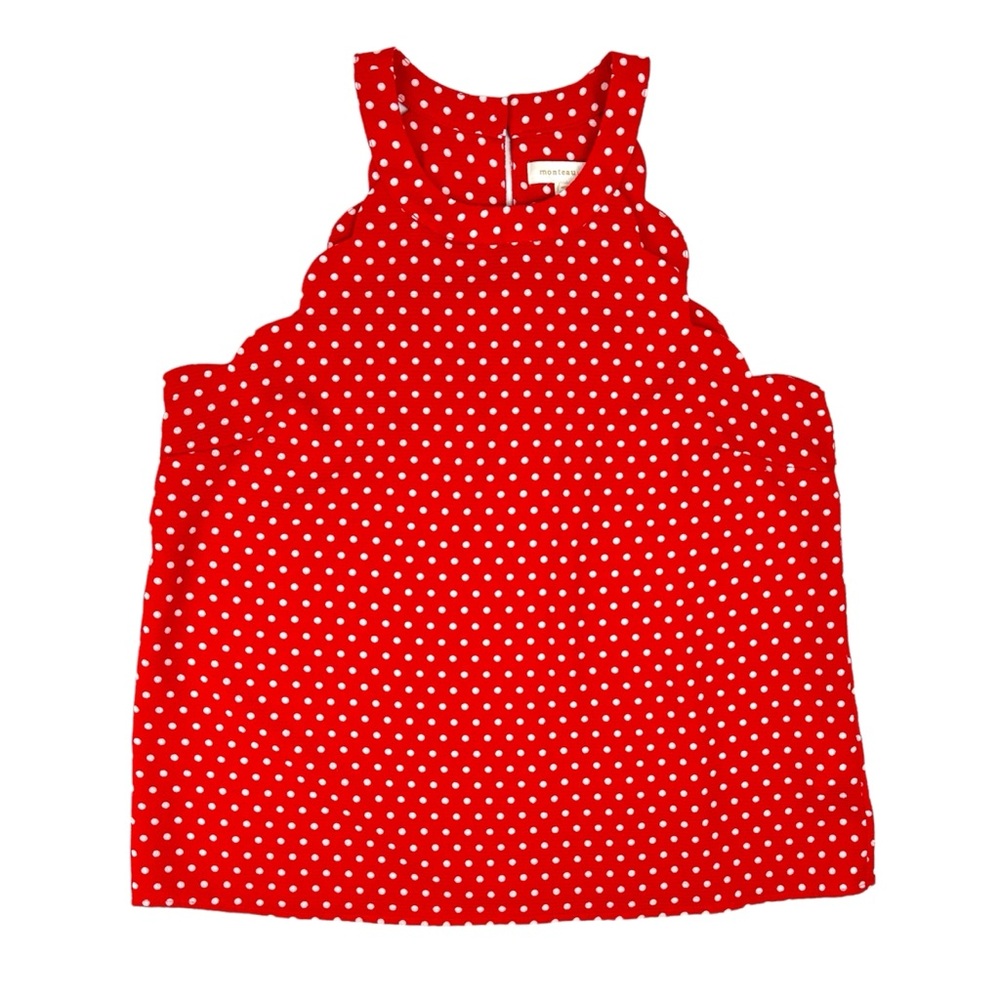 Monteau LA Womens Large Tank Top Red White Polka Dot Scalloped Arm Halter Blouse
